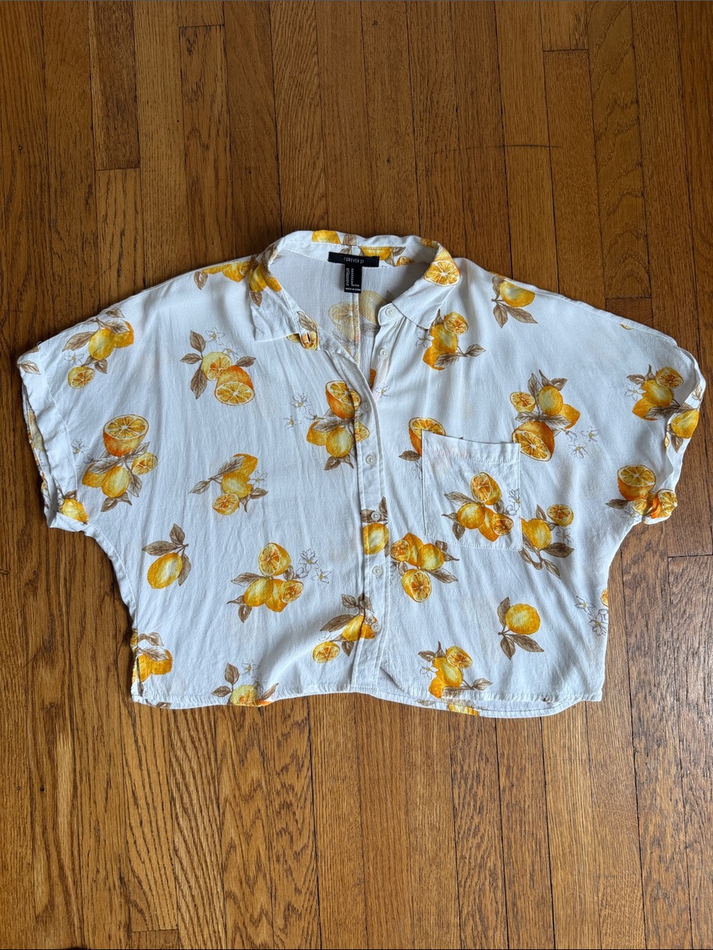 Forever 21 Cropped White Button-Down Shirt with Yellow Lemon Print